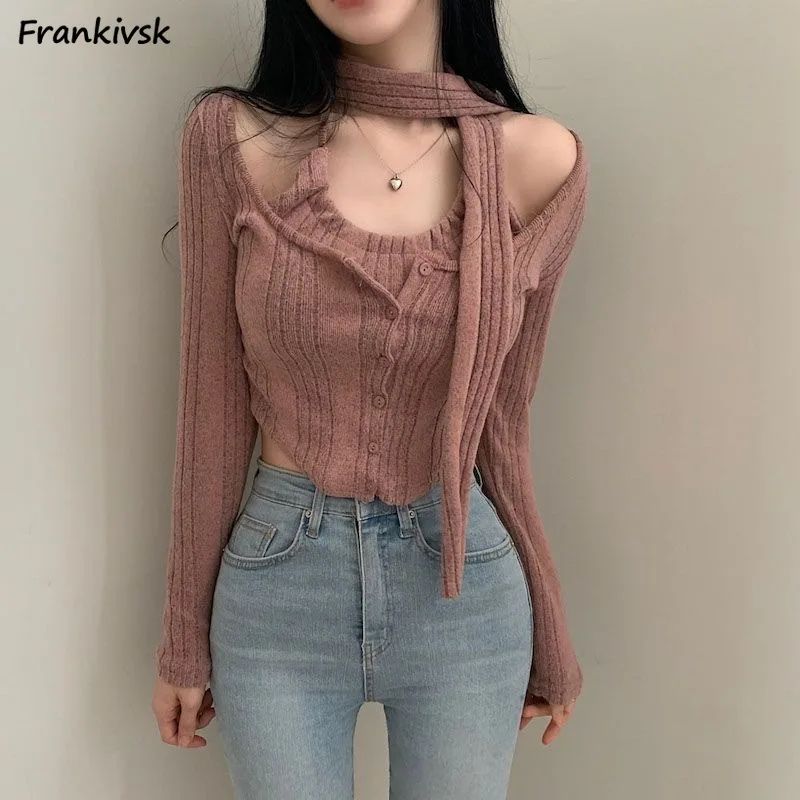 

Fake Two Pieces Sweaters Women Sexy Japanese Style Halter Cropped Slim Spliced Spring Autumn Solid High Street Sweet Stylish