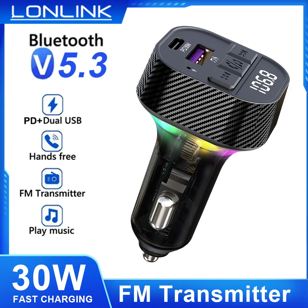 

Автомобильный Bluetooth 5,3 FM-передатчик LONLINK, MP3 модулятор, плеер, громкая связь, аудиоприемник с зарядкой PD 30 Вт, автомобильные аксессуары