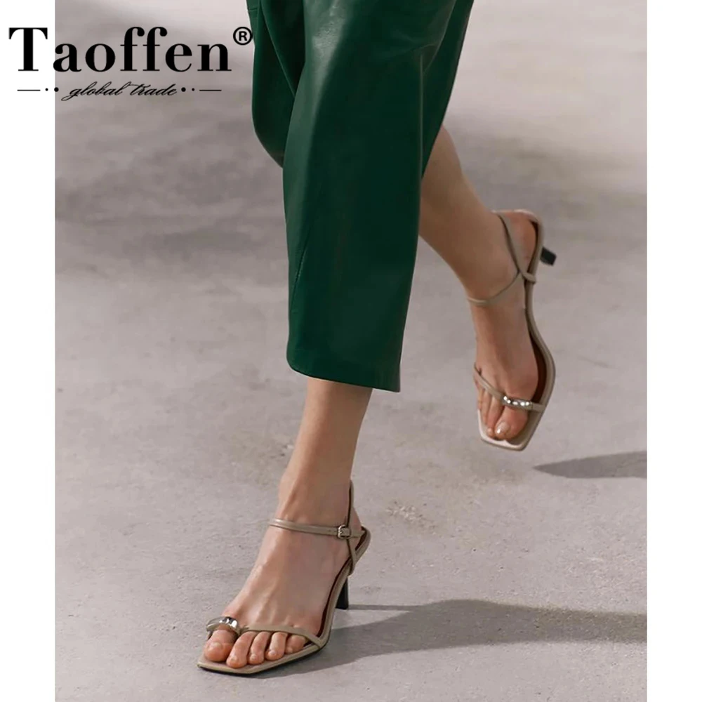 Taoffen Fashion Thin Heels Women\'s Sandals Handmade Open Toe Square Toe Modern Sandals Buckle Narrow Band Slingback Heels Shoes