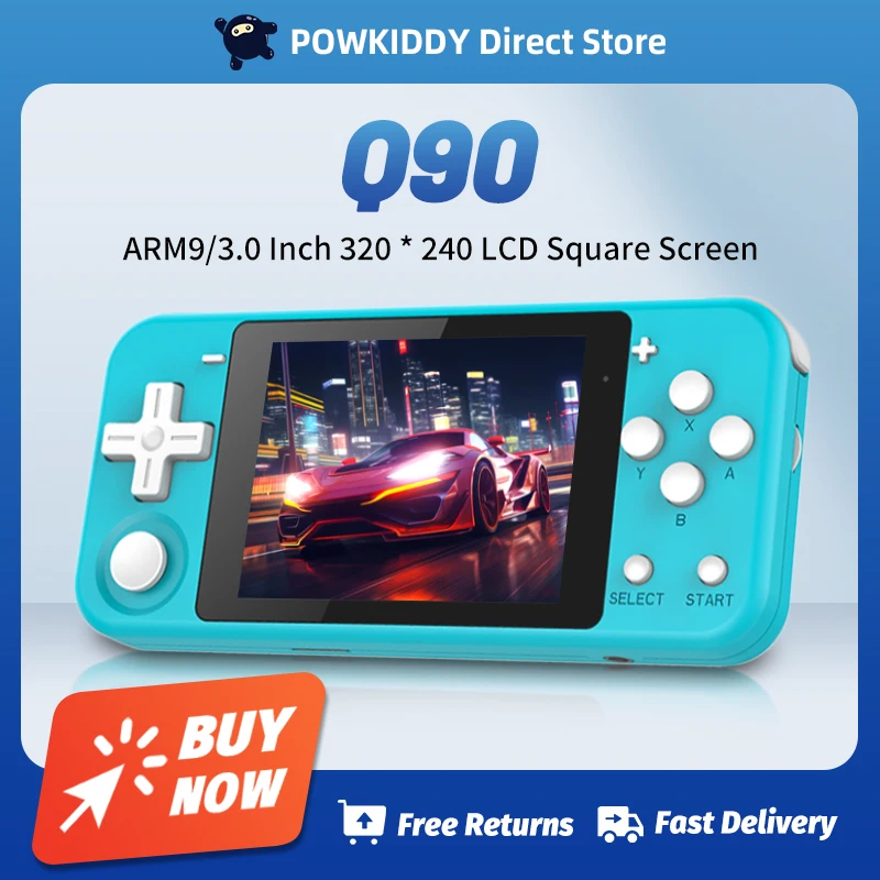 POWKIDDY Q90 Konsol Genggam Layar IPS 3 Inci Sistem Terbuka Ganda Konsol Game 16 Simulator Retro PS1 Hadiah Anak-anak Game Baru 3D