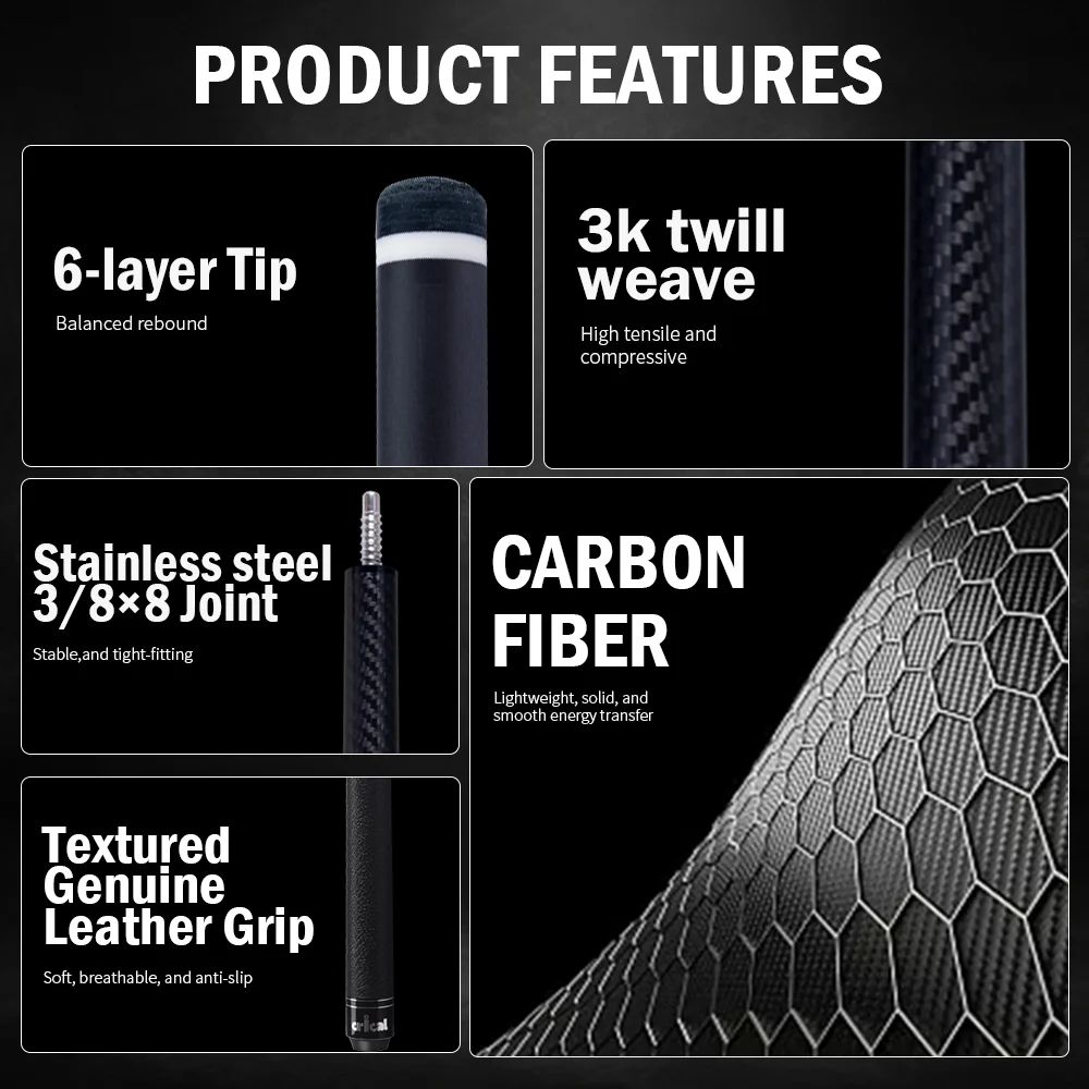 Carbon Fiber Pool Cue, 3K Carbon Fiber + Foam Core, Low Deflection, 12.5mm 6-Layer Tip, 58.3in 2-Piece, for Pool Players, CRICAL
