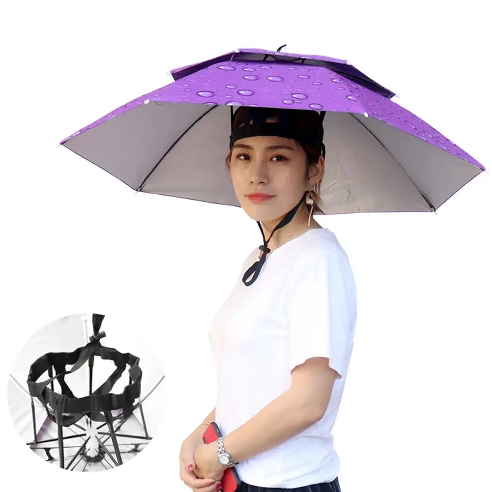 Two-layer Portable Rain Umbrella Hat Outdoor Fishing Hats Headwear Beach Head Sun Sunshade Cap Waterproof Camping M8G9