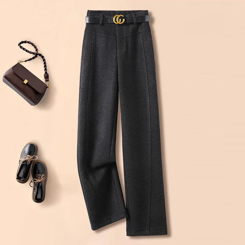 Pantalones estrechos color camel para mujer y pantalones casuales drapeados de cintura alta de invierno, pantalones de traje holgados y ajustados