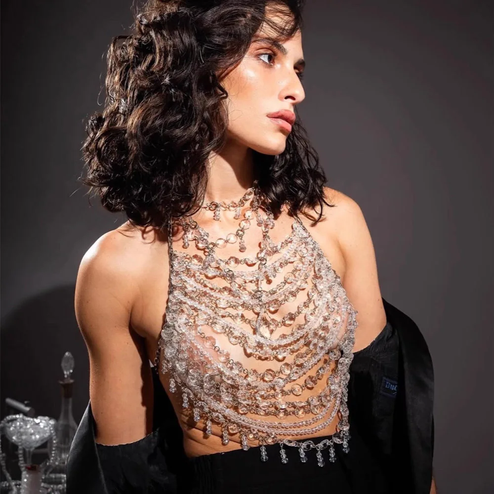 

Жилет ручной работы из бисера, прозрачный хрустальный кулон, топ с лямкой на шее, цепочка для танцовщицы, бурлеск, бюстгальтер без косточек, рейв-фестиваль, наряд, ювелирные изделия, топы