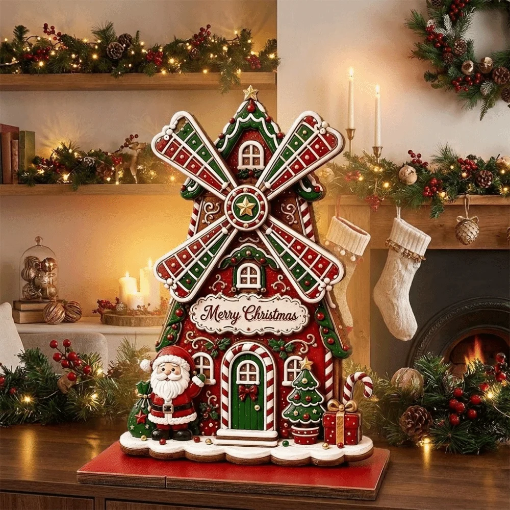 2D Flat Wooden Christmas Windmill House Ornament Freestanding Multi‑Color Christmas Village Decoration Exquisite Santa Claus