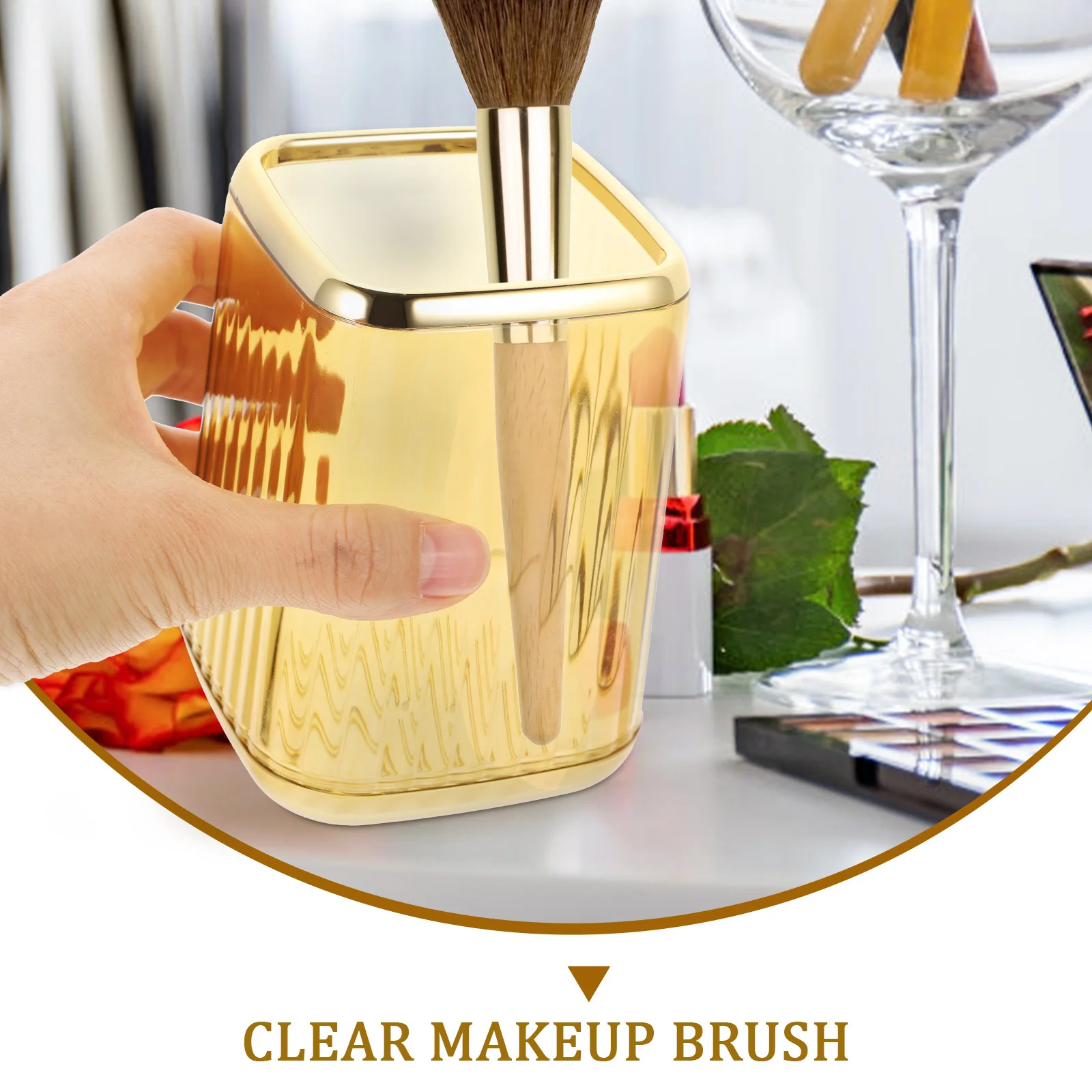 

Clear Makeup Brush Holder Organizer for Desk Vanity with Brush Pencil Pen Cup Storage Organized