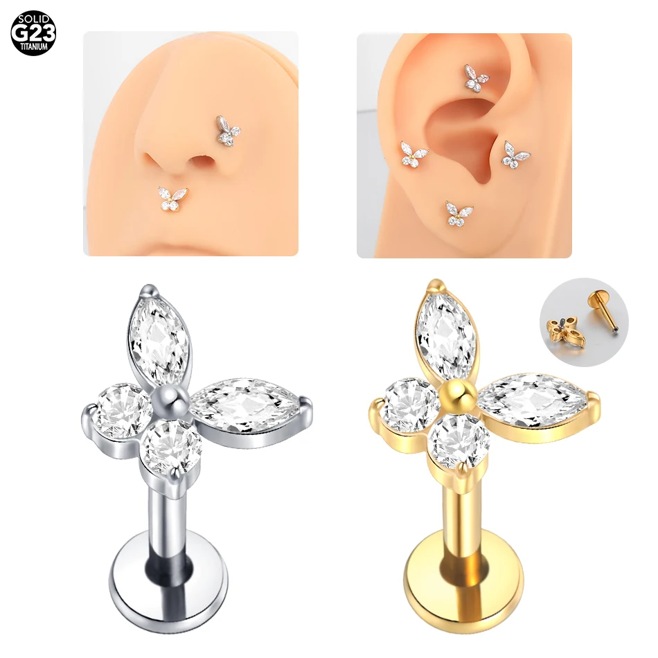 1Pc G23 Titanium Internal Thread Ear Tragus Piercing Helix Ear Studs Earrings for Women Crystal Moon Butterfly Labret Piercing