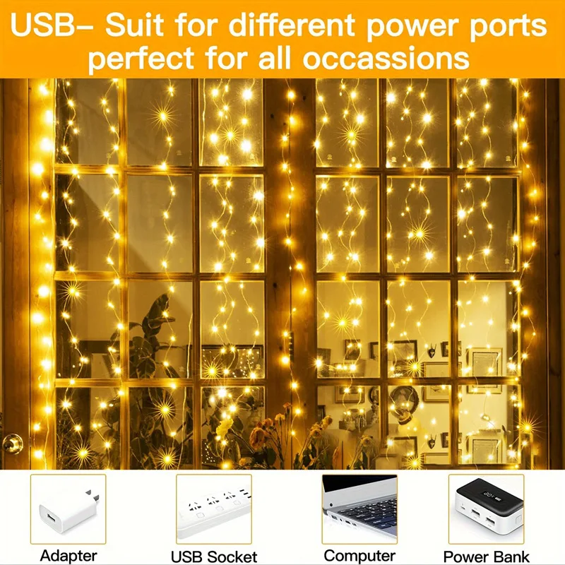 Christmas Lights LED Fairy String Curtain Lights 8 Mode Remote USB Festoon Christmas Decor For Home Holiday New Year Lamp