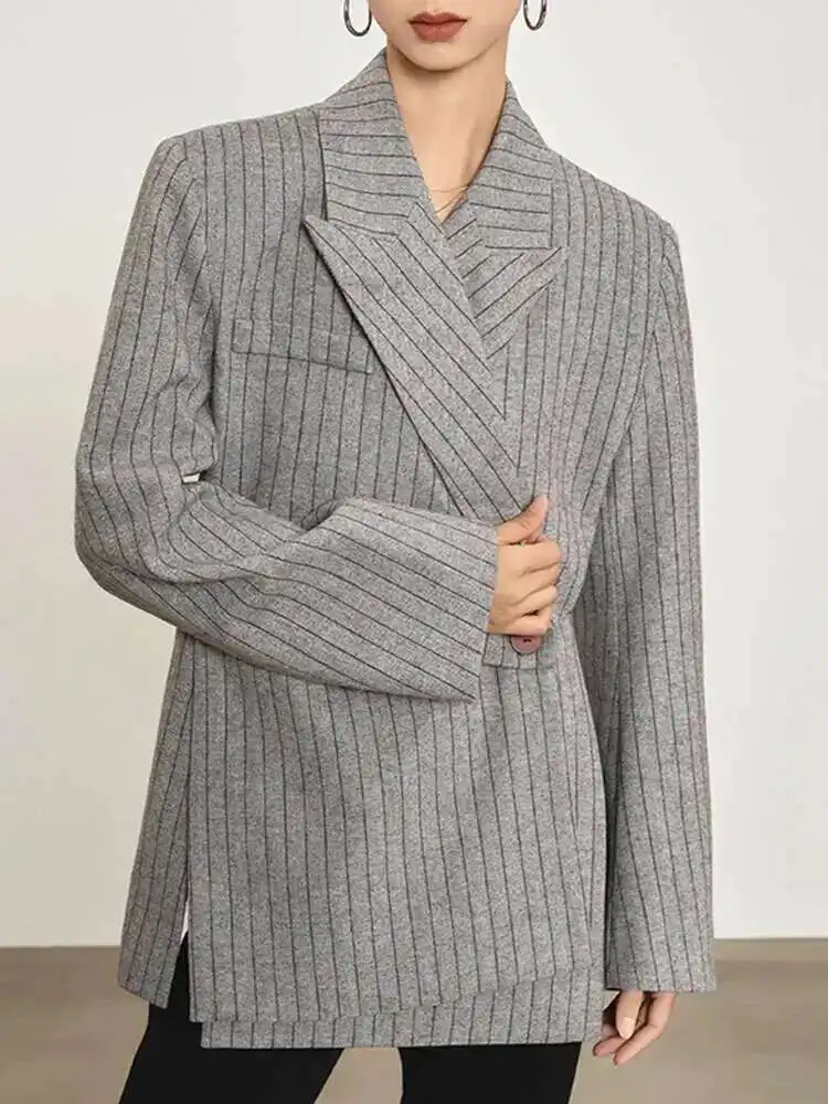 Senior Fashion Stripe Printed Asymmetric Blazers Women's Notched LongSleeve Gathered Waist Jackets 2025 Spring Newest outerwears