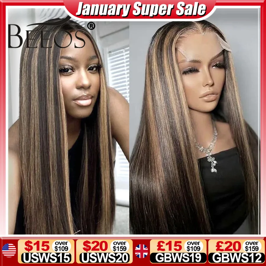 

BEEOS 250% 1B/27 Highlight Skinlike 13x6 HD Парики из натуральных волос на кружеве спереди Прямой парик 5x5 HD с закрытием шнурка Предварительно выщипанный бразильский