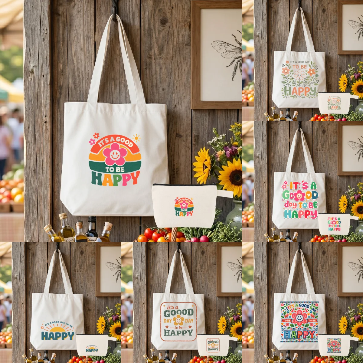 

1 Set Canvas Tote & Pouch Set,Smile Flower It's A Good Day To Be Happy Positive Boho Floral Casual Shoulder Bag Combo
