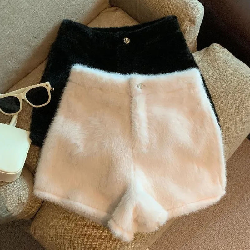 White Faux Mink Velvet Short Women 2024 Autumn Winter Thickened Warm Plush OuterWear Boot Pants High Waist Casual Wide Leg Pants