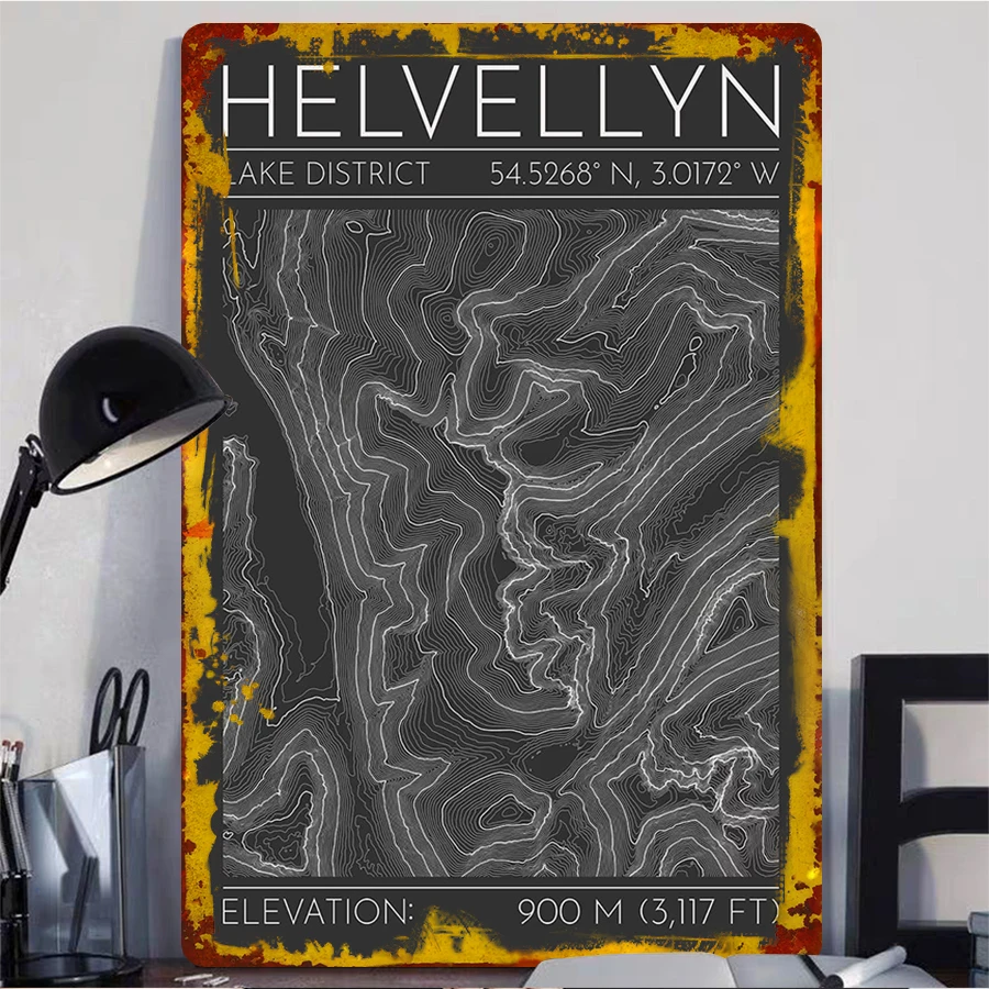 Helvellyn Lake District Topographic Metal Wall Art 900m Elevation Contour Map Decor for Home Office