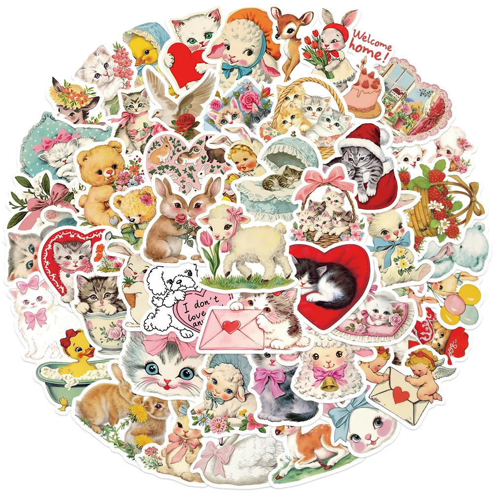 50PCS Vintage Animals Clipart Sticker Cartoon Cute Fun Doodle Waterproof Decal Kids Toy Gift for Water Cup Pencil Box Desk