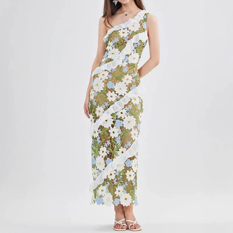 

VIBE 2025 New Fashion Clear Sleeveless Water-Soluble Flower Embroidery Dress for Women with Patchwork Mesh Sweet Long Dress