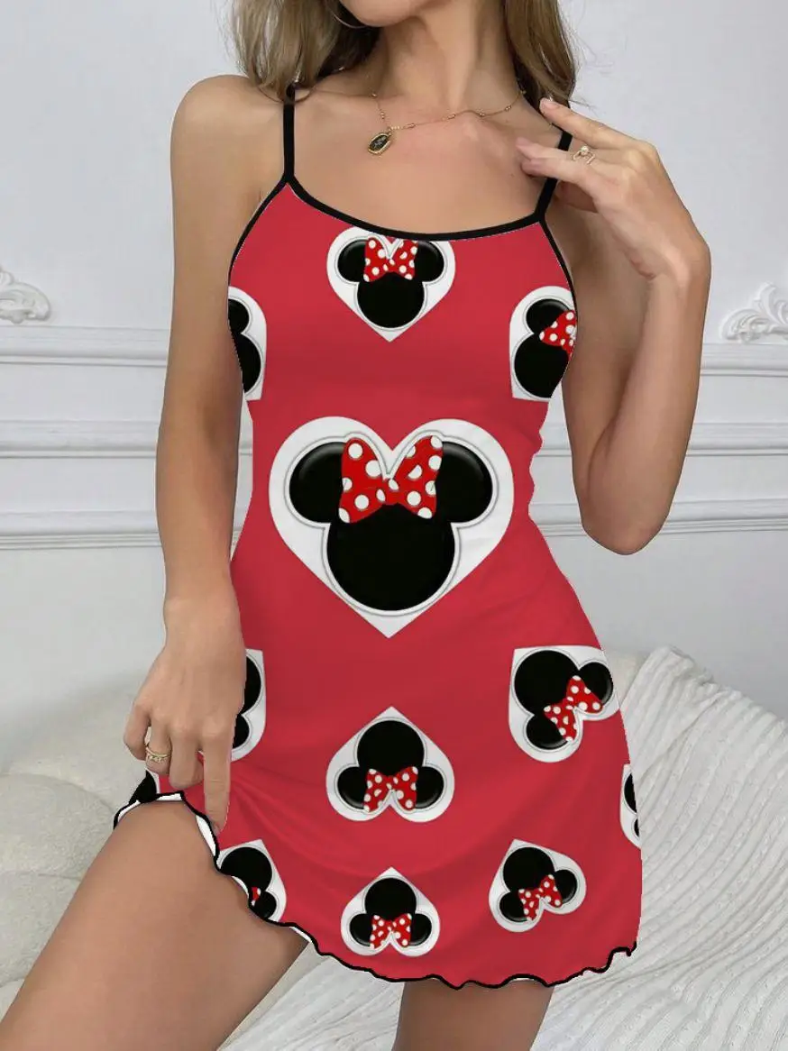 Sukienka na ramiączkach wycięcie pod szyją modne letnie sukienki 2024 Disney sałata wykończenia eleganckie sukienki dla kobiet Minnie Mouse Chic Mini Sexy wykończenia