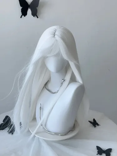 Imagen 2 del producto Peluca blanca con flequillo, pelucas de pelo largo y liso, peluca sintética de 28 pulgadas para mujer, pelucas de Cosplay de fibras resistentes al calor, pelucas Lolita