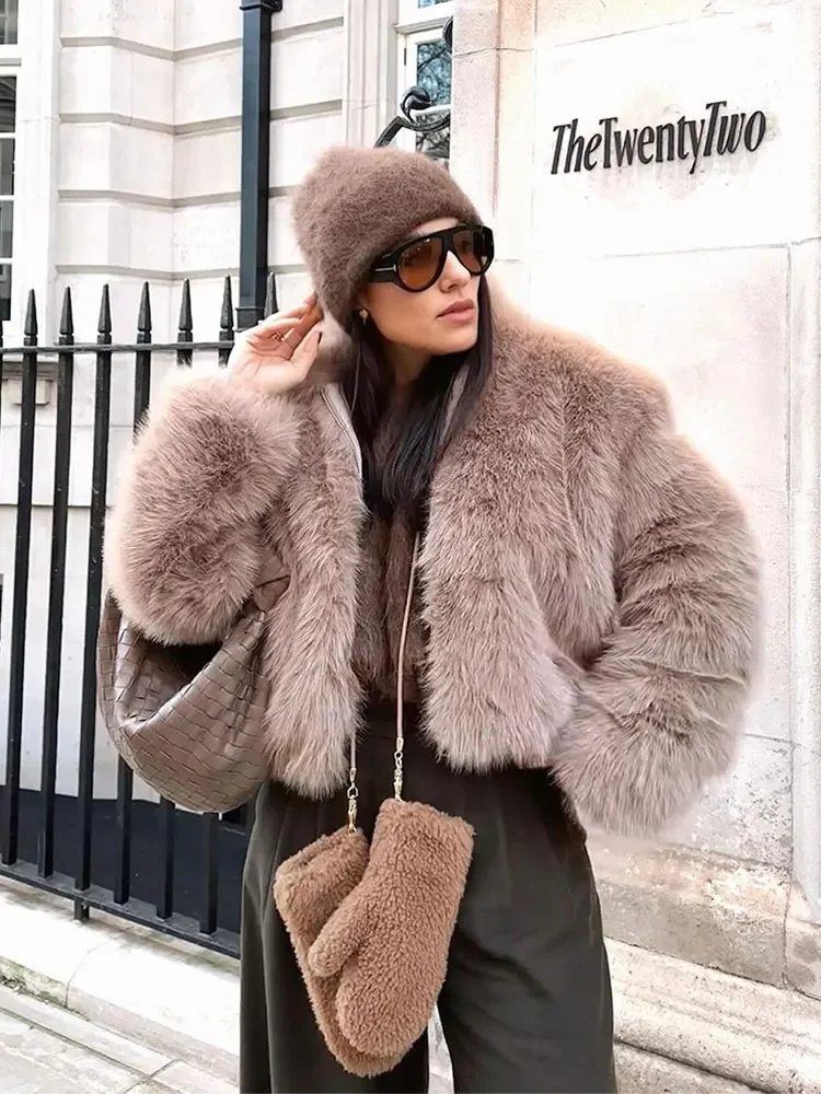 

Women Fluffy Thick Solid Faux Fur Short Coat Elegant Long Sleeves Warm Cropped Overcoats Autumn Winter Chic Lady Street Outwear