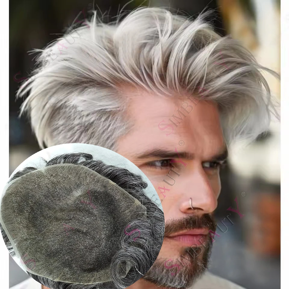 عقدة مبيضة غير قابلة للاكتشاف قابلة للتنفس، دانتيل سويسري كامل 60r # أبيض أشقر أسود رمادي 1b80 شعر مستعار بشري 100% للرجال الاصطناعية #1