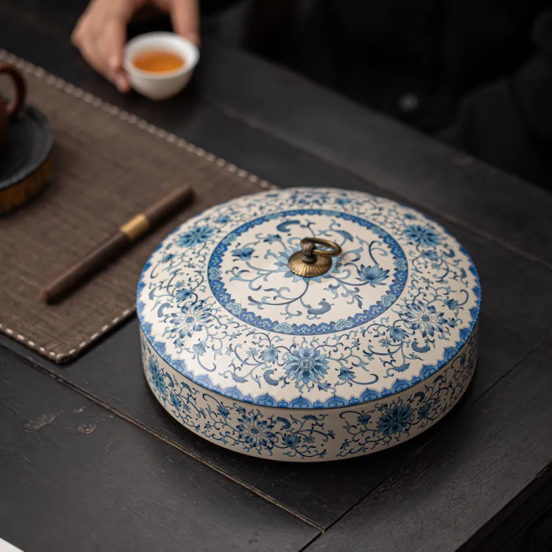 Blue and White Ceramic Tea Canister, Stackable Storage Jar Organizer for Pu-erh Tea Cake,Airtight Container Box for Home Kitchen
