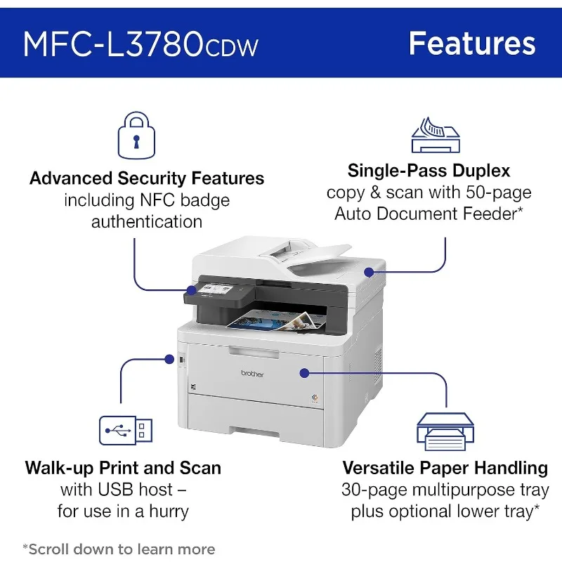 MFC-L3780CDW Wireless Digital Color All-in-One Printer with Laser Quality Output, Single Pass Duplex Copy & Scan