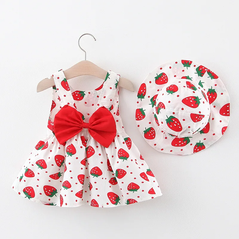 0-4 Y baby Vestidos summer seaside vacation children's dress floral sleeveless bow girl princess dress+hat Clothes