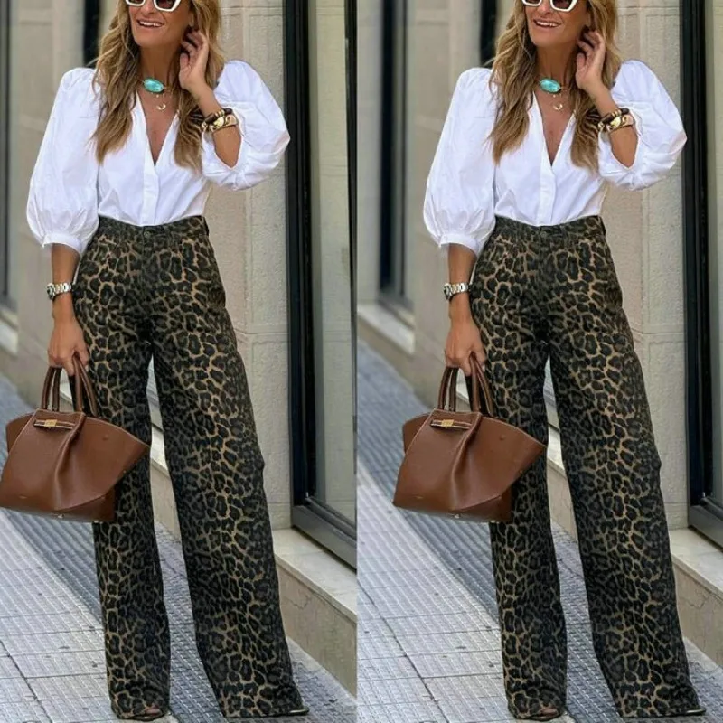

Blouse Pants Women's V-neck Puff Sleeves White Shirt High-waisted Retro Leopard Print Wide-leg Pants New Casual Designer Premium