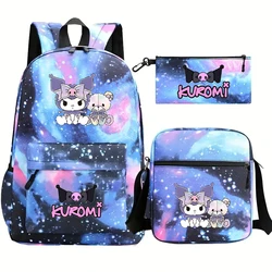 Kuromi Melody School Mochilas para meninos e meninas, bolsa de lápis linda estudante, ombro Ripstop, bolsas de viagem portáteis, 3pcs por conjunto