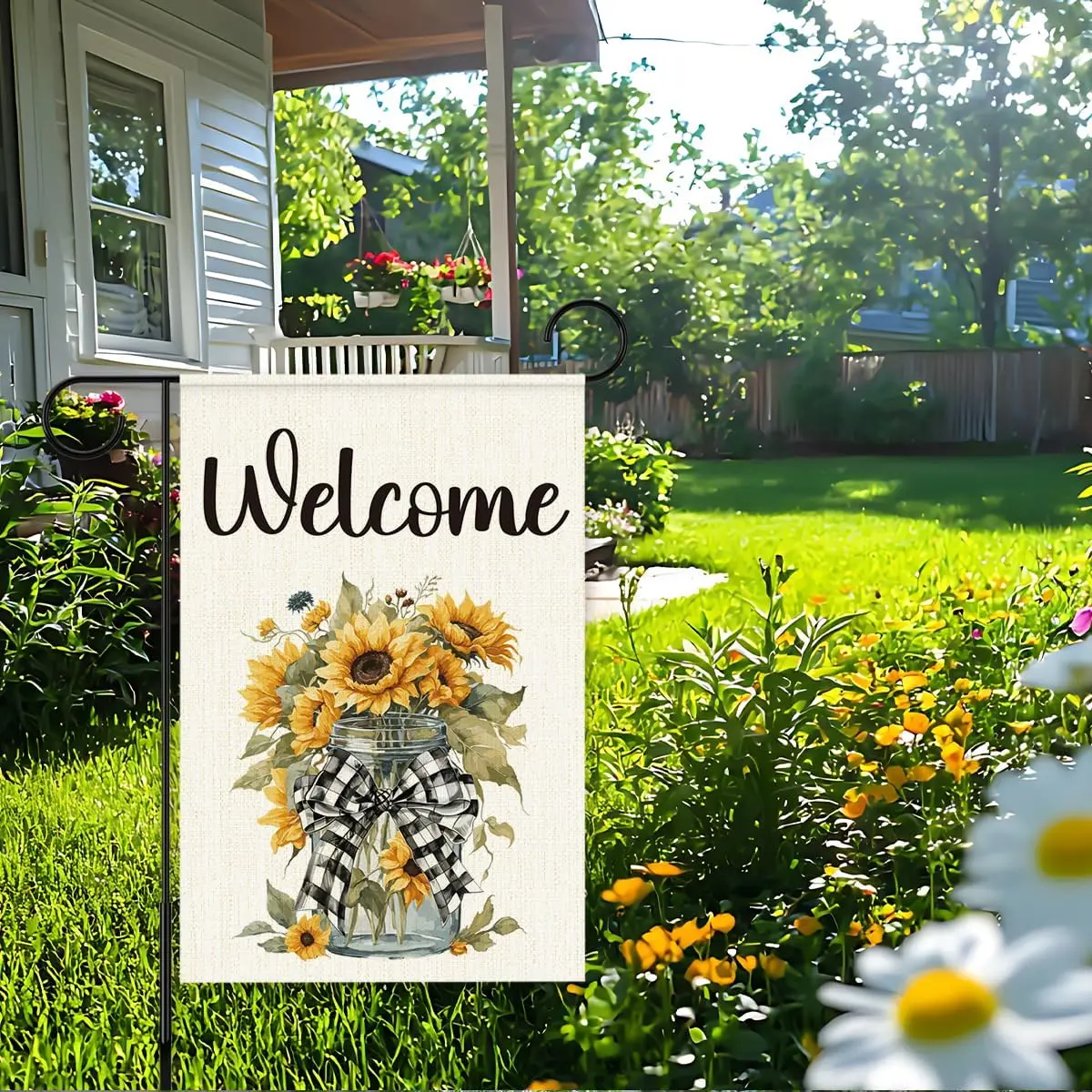 Welcome Spring Summer Garden Flag 12x18 Inch Double Sided, Sunflower Yard Outdoor Flag, Buffalo Plaid Bowknot Spring Summer  IIC