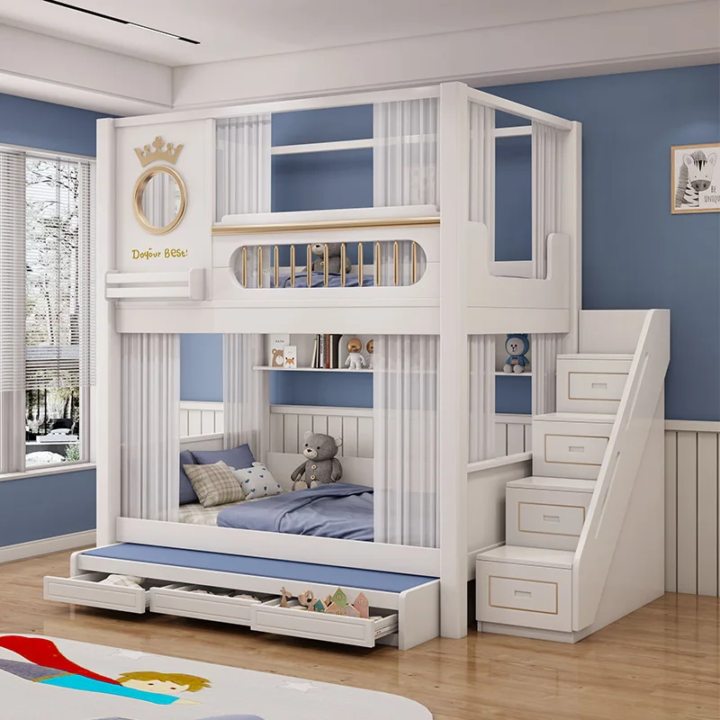 new children's bunk solid wood bed luxury children's furniture upper and lower bunk slide bed with drawer