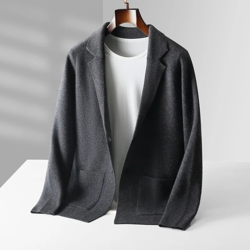 100% Cashmere Men's Casual Blazer Brand High Quality Sweater Jacket Man Knitted Coat Korean Style Suit Cardigan With Pocket Gray