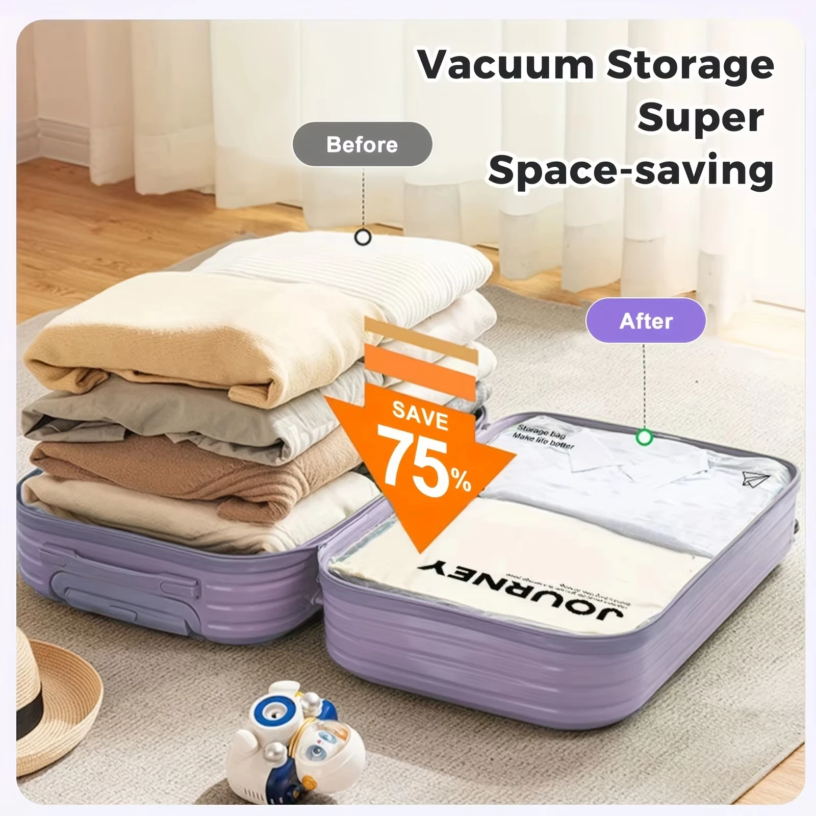 2pcs Vacuum Storage Bags, Hand-Rolled Travel Vacuum Storage Bags For Towels, Socks, Clothes, More , No Pump Needed image 3