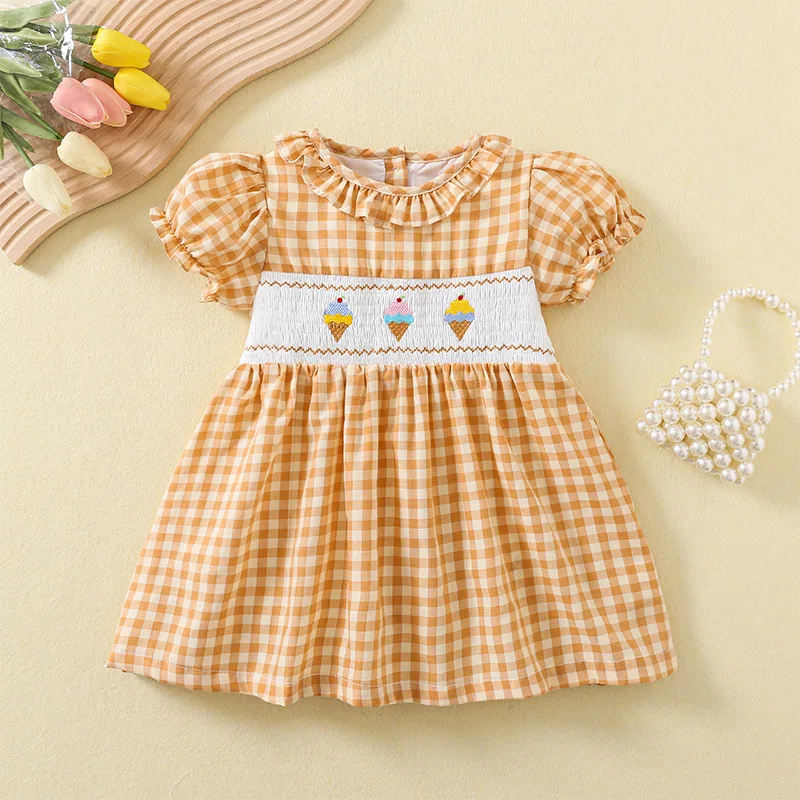 

Summer Girls' Dress Ice Cream Cartoon Embroidery Fashionable Princess Dress Khaki Tartan Skirt Cotton Breathable