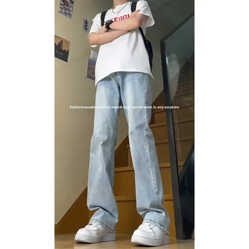 

Ultra-Thin Ice Blue Men's Jeans High Waist Lift Tapered Long Straight Leg Micro Flared Pants Summer Faion High Street Sle