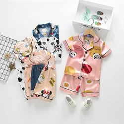 Children Silk Satin Pajamas Set Baby Boys Girls Cartoon Lapel T-shirt Shorts 2Pcs Suit Kids Summer Ice Silk Nightgown Loungewear