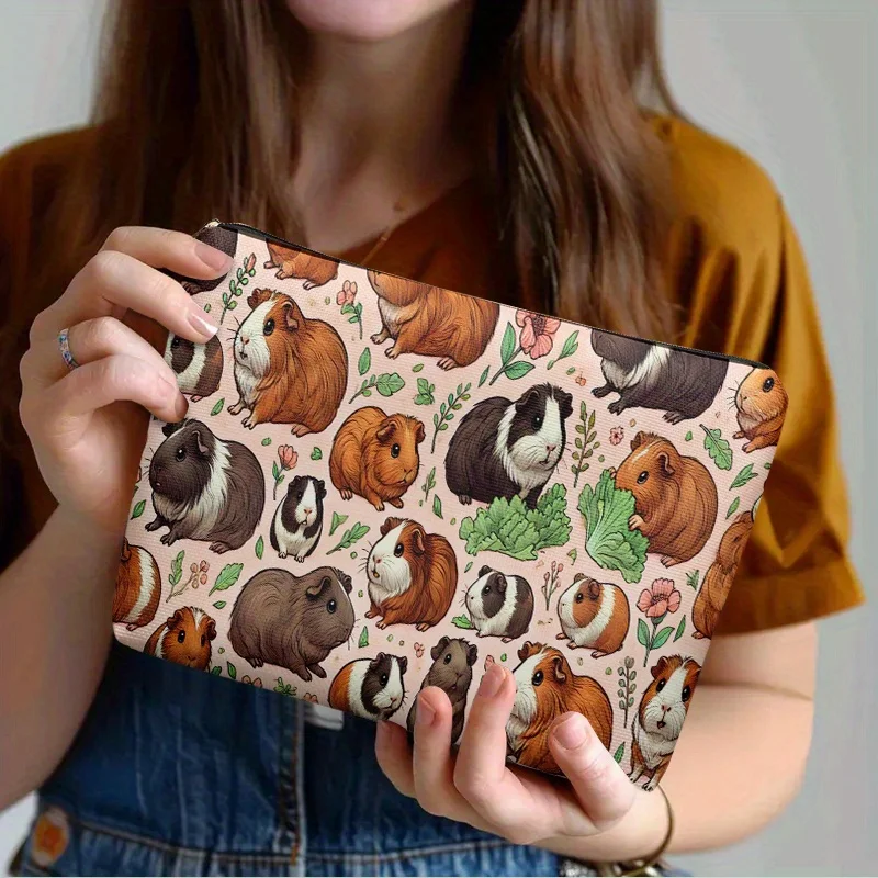 1pc Makeup Bag Featuring A Guinea Pig and Floral Pattern Lightweight Zip Closure for Travel and Everyday Use Storage Pouch
