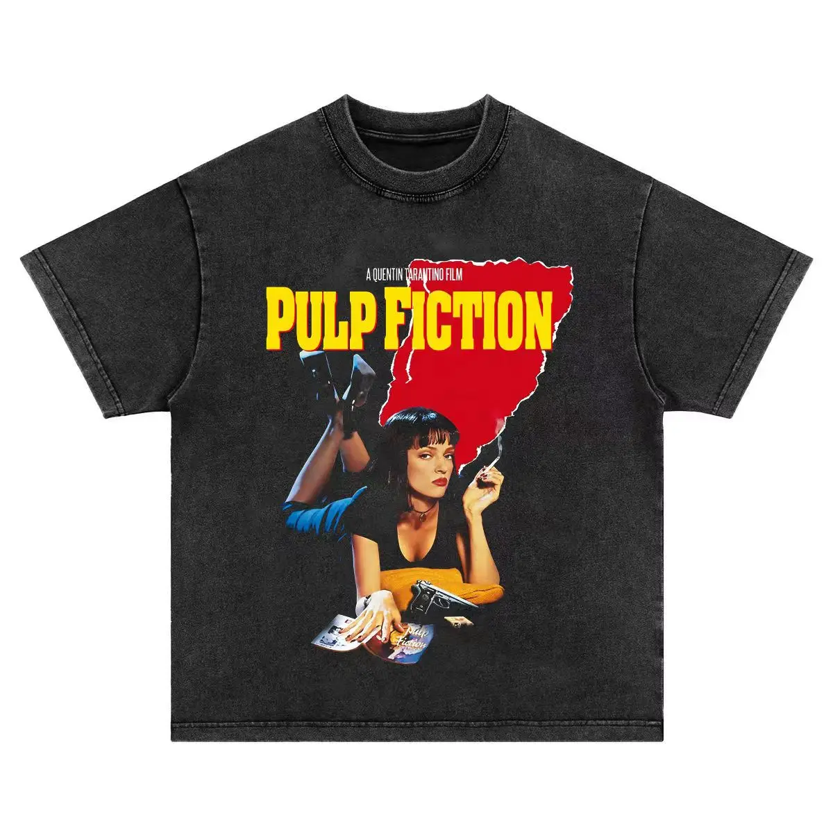 

Мужская футболка с принтом Pulp Fiction, потертые старые мужские и женские топы с короткими рукавами в американском стиле ретро High Street из чистого хлопка