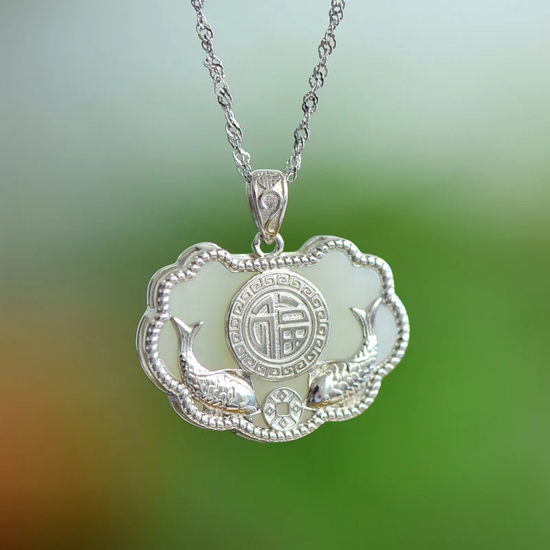 With Certificate Ancient Style Han Clothing Accessories 925 Sterling Silver Inlaid Hetian Jade Pendant Ruyi Longevity Lock Jade