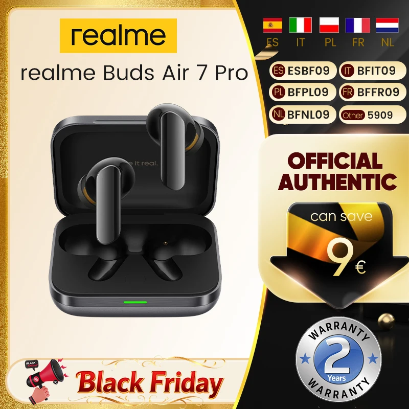 سماعة أذن Realme Buds Air 7 Pro مزودة بتقنية البلوتوث AI 53dB 5000 هرتز وإلغاء الضوضاء عالي الدقة LHDC 5.0 BT 5.4 عمر البطارية 48 ساعة IP55
