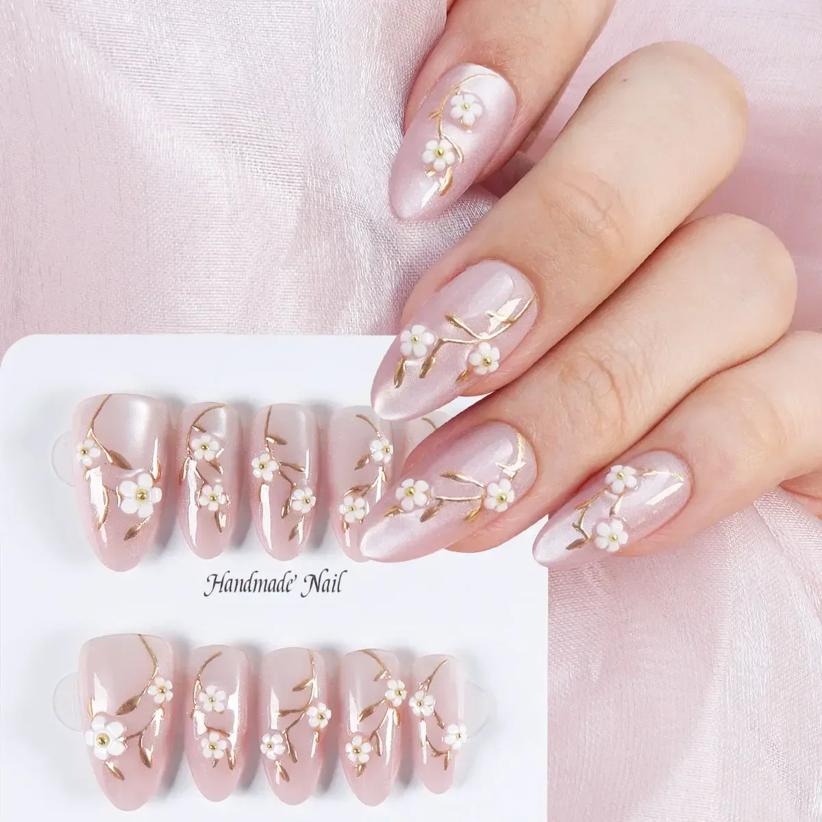 10pc Glossy Almond Handmade Press-On Nails Advanced Elegant Flower Style Finished Fake Nails Women Girls Daily Manicure Supplies