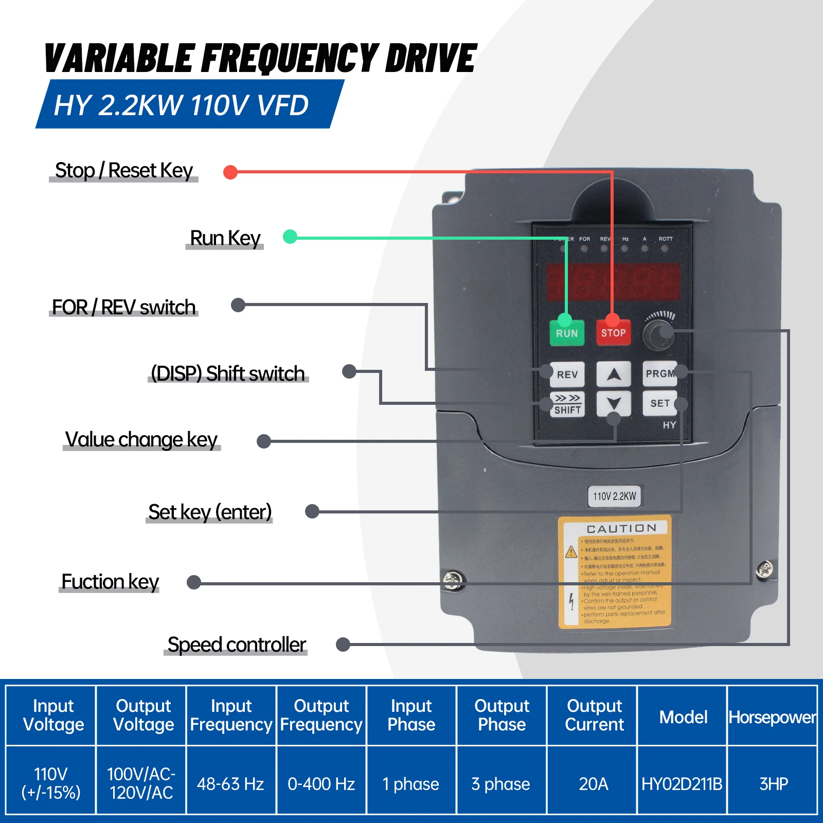 2.2KW HY HUANYANG 110V/ 220v /380v Inverter CNC Spindle motor speed control Variable Frequency Drive 0-400Hz 3P output HY02D223B