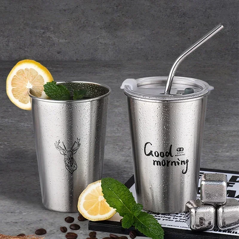 Nordic Industrial Style 304 Stainless Steel Beer Mug Ice Drink Mug, Household Mug with Lid, with Straw, Free Silicone Cup Sleeve