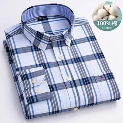 Camisas Oxford listradas de manga comprida masculina, 100% algodão, xadrez, monocromáticas, casual, uso diário, de negócios