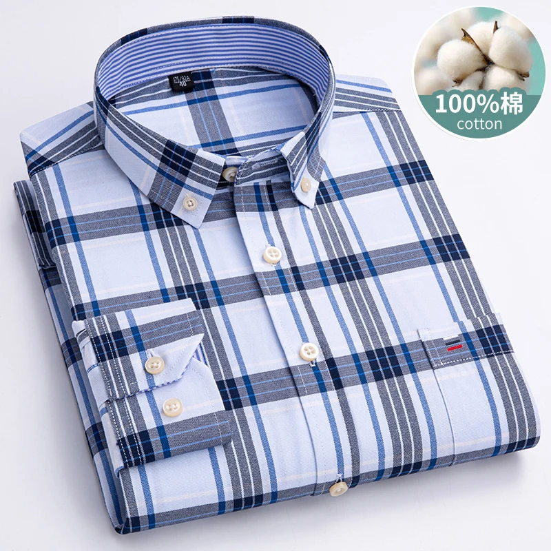 Męskie koszule w paski 100% bawełna Oxford z długim rękawem w kratę w jednolitym kolorze Koszule codzienne dla mężczyzn biznesowych Camisas Hombre