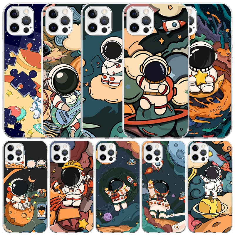 Cartoon Planet Astronaut Star Rocket Phone Case For IPhone 16 15 14 13 12 11 Pro Max Mini XR XS X 7 Plus 8 + SE 2020 Soft TPU Ba