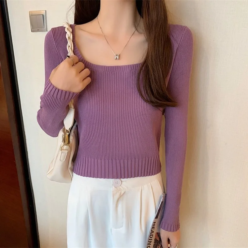 Women Small Stature Spring Autumn Square Neck Pullovers Fashion Youthful Style Bottom Shirt Versatile Sweater Long Sleeves Tops