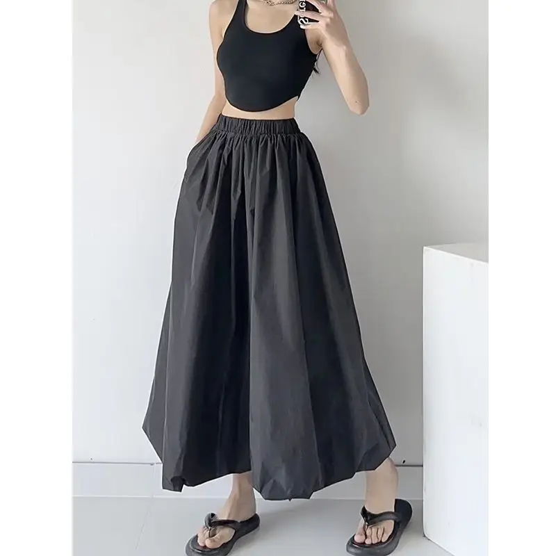 

Elastic Waist Solid Loose Pleated Lazy Style Sport Skirts Summer Simplicity High Street Midi Dress Casual Fashion Women Clothing
