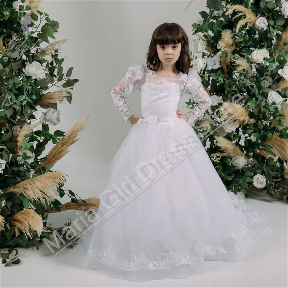 فستان أبيض أنيق لفتاة الزهور مع دانتيل منتفخ مزين حسب الطلب للأطفال #3