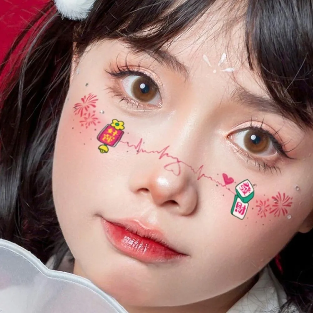 Stiker Rias Tahan Air untuk Tahun Baru Imlek, Seni Tubuh Tahan Lama, Stiker Perona Pipi Tahun Baru Imlek, Kartun Lucu