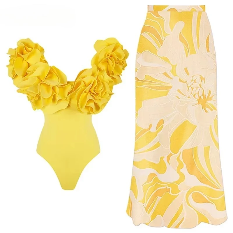 

2025 Sexy 3D Flower Push Up Bikini Set Swimsuit Dress Women Off Shoulder One Piece Swimwear High Waist Beach Bathing Suit Skirt